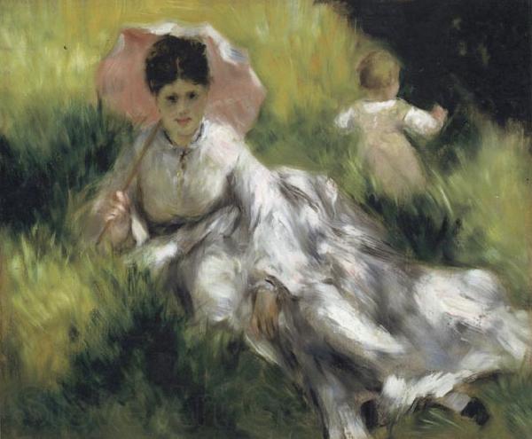 Pierre Renoir Woman with a Parasol and Small Child on a Sunlit Hillside Norge oil painting art